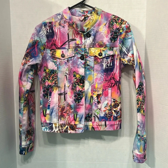 Ay Güey!Jaguar & Skull Denim Jacket Artistic Colorful Size Small #Edgy#LisaFrank - Picture 1 of 10